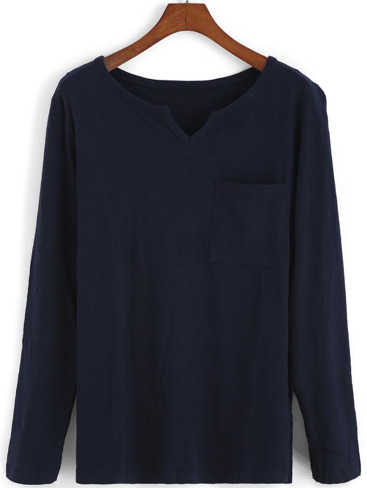 Romwe V Neck With Pocket Blue T-shirt