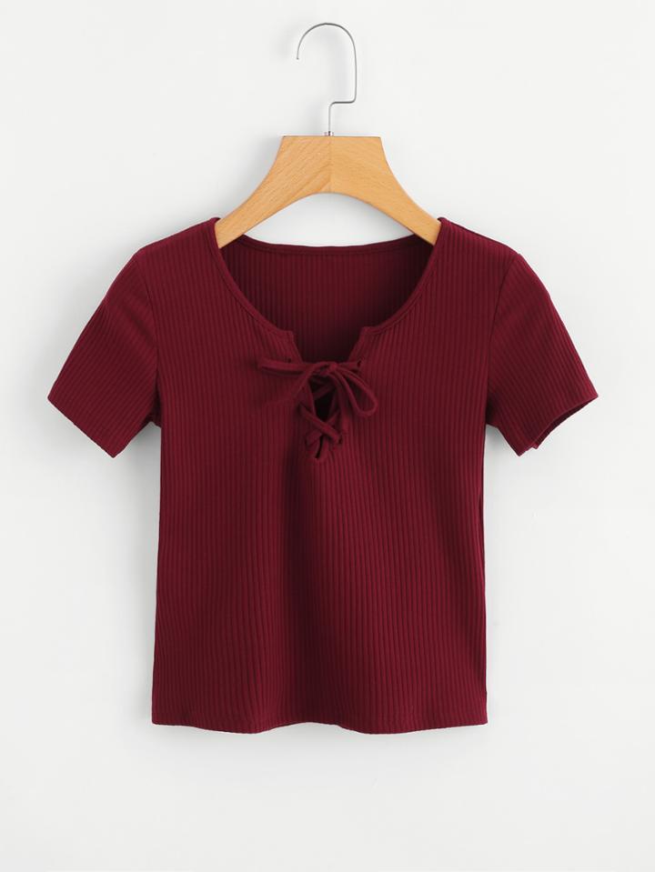 Romwe Lace Up Ribbed Crop Tee