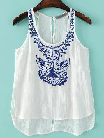 Romwe Blue Embroidery Dipped Hem Tank Top