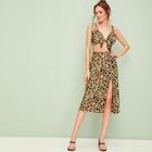 Romwe Leopard Tie Front Cami Top With Slit Hem Skirt