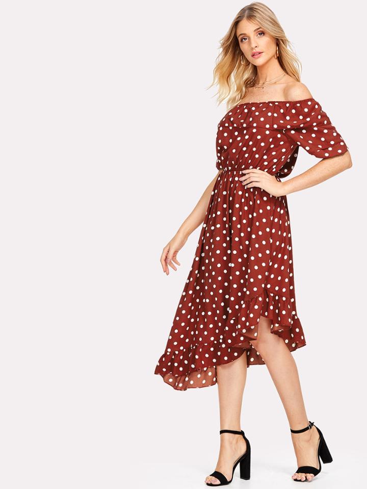Romwe Asymmetric Ruffle Hem Polka Dot Bardot Dress