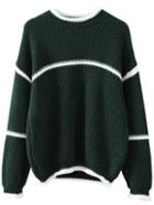 Romwe Dark Green Striped Trim Loose Sweater
