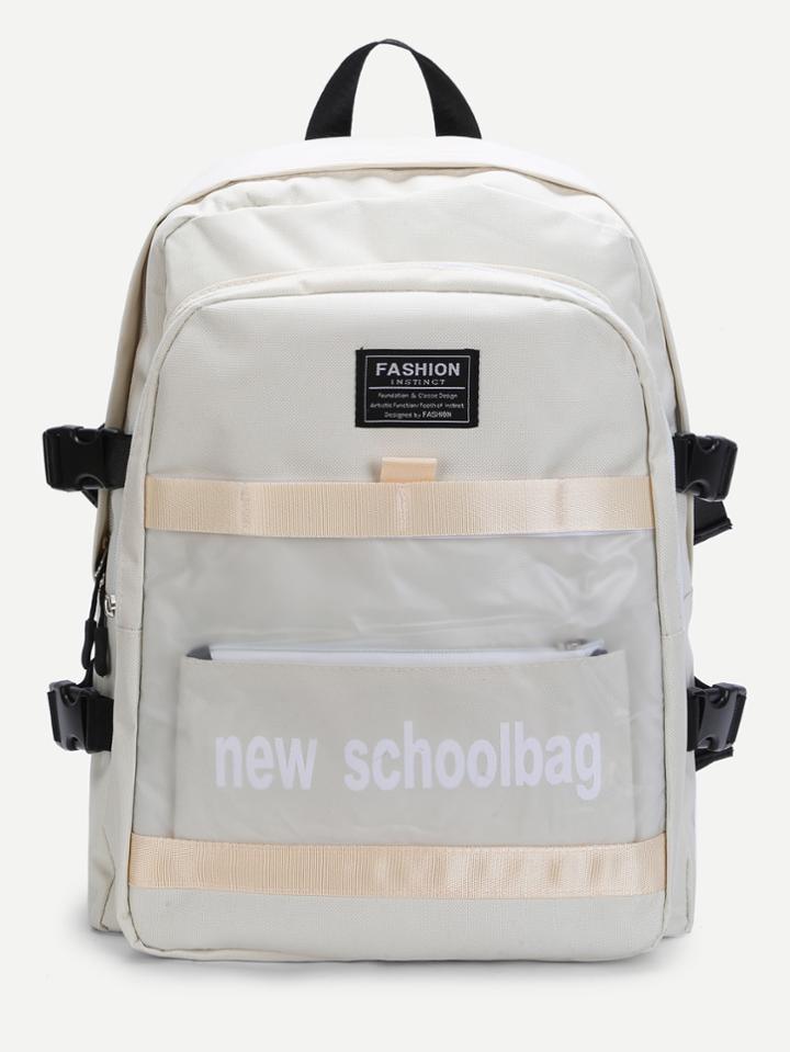 Romwe Piping Detail Letter Print Canvas Backpack