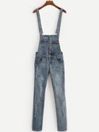 Romwe Blue Button Front Distressed Overall Jeans