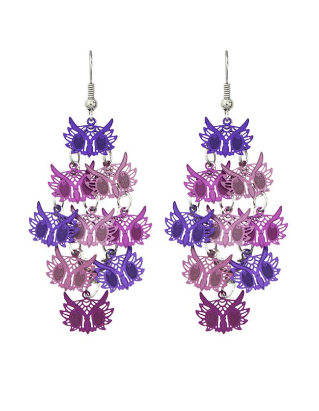 Romwe Purple Owl Shape Long Earrings