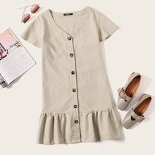 Romwe Button Through Pep Hem Dress