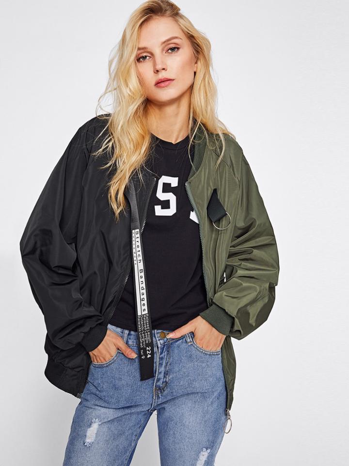 Romwe Two Tone Patch Back Letter Ribbon Detail Bomber Jacket