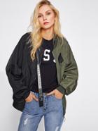 Romwe Two Tone Patch Back Letter Ribbon Detail Bomber Jacket