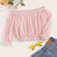Romwe Polka Dot Bardot Crop Blouse