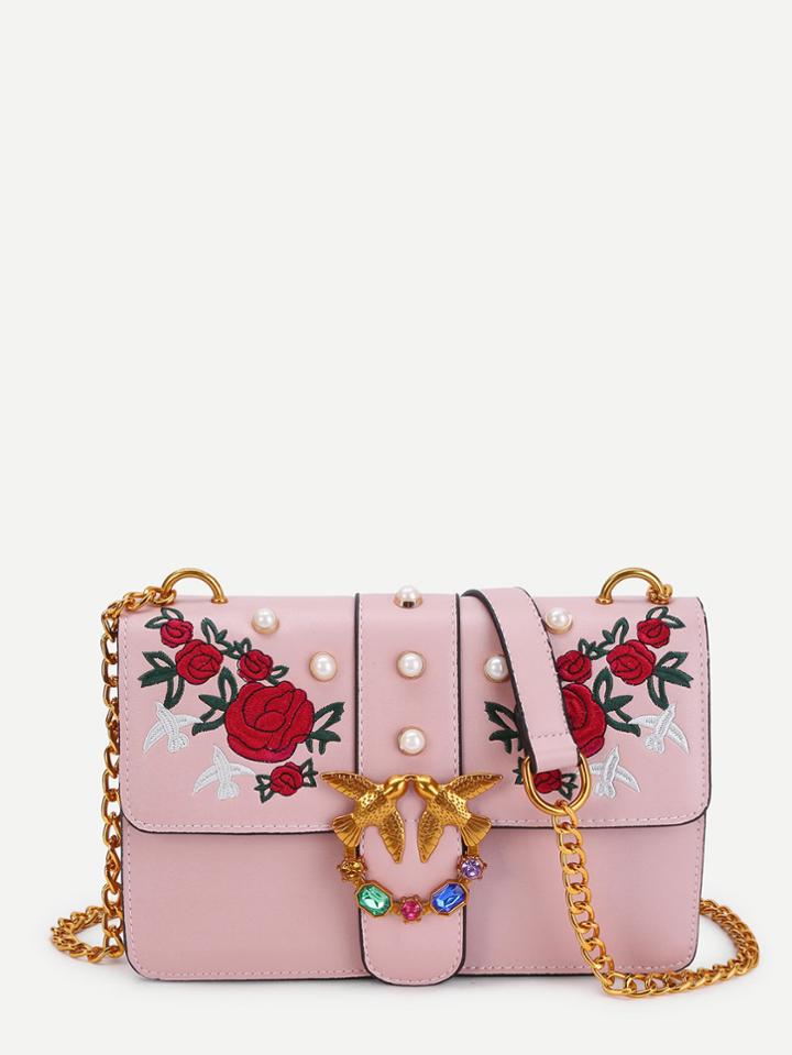 Romwe Rose & Bird Decorated Pu Chain Bag With Faux Pearl