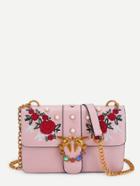 Romwe Rose & Bird Decorated Pu Chain Bag With Faux Pearl