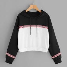 Romwe Striped Tape Panel Drawstring Hoodie