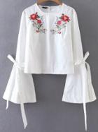 Romwe White Flower Embroidery Tie Cuff Bell Sleeve Blouse