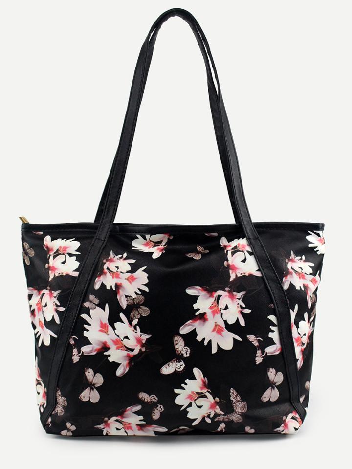 Romwe Black Flower Print Contrast Trim Tote Bag