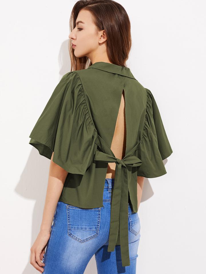Romwe Split Self Tie Back Blouse