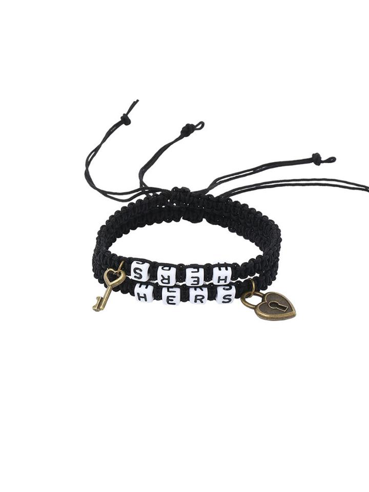 Romwe Key & Lock Charm Beaded Braided Bracelet - Black