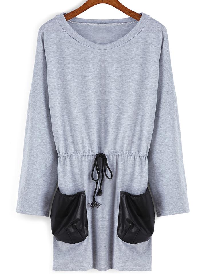 Romwe Round Neck Contrast Pockets Drawstring Dress