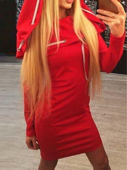 Romwe Hooded Long Sleeve Ribbon Red Sweatshirt Dress