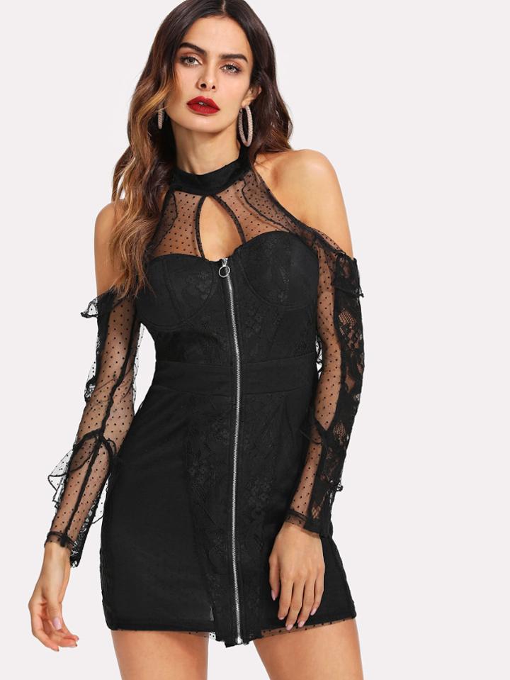 Romwe Dot Mesh Insert Cold Shoulder Zip Up Dress