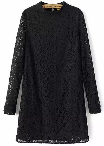 Romwe Black Long Sleeve Slim Lace Dress