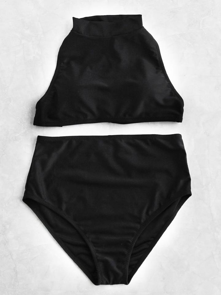 Romwe Mock Neck High Waist Bikini Set