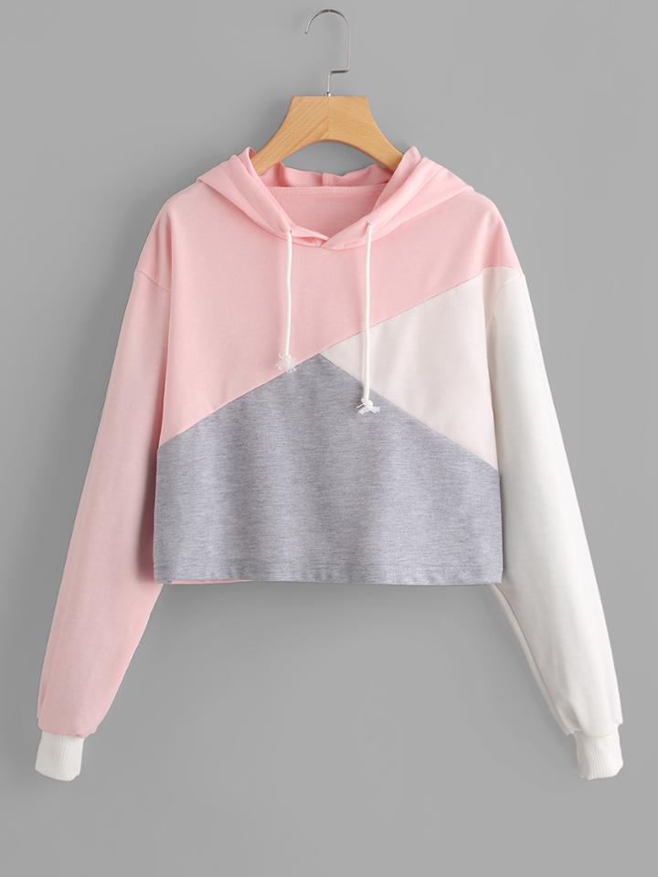 Romwe Cut And Sew Panel Crop Hoodie