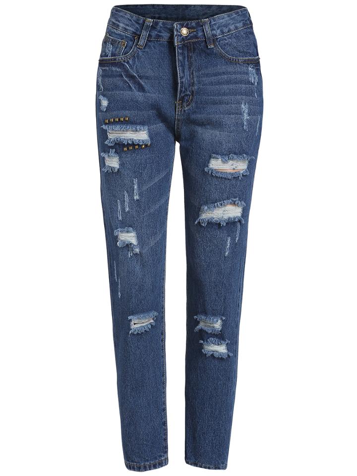 Romwe Ripped Studded Denim Pant
