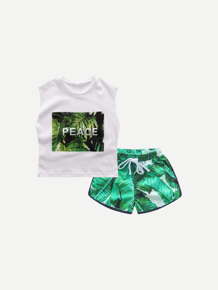 Romwe Tropical Print Vest With Drawstring Shorts