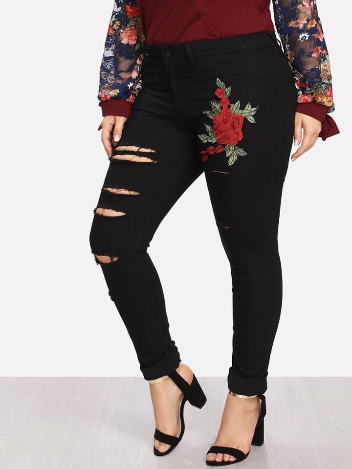 Romwe Embroidered Applique Ripped Jeans