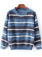 Romwe Women Striped Loose Blue Sweater