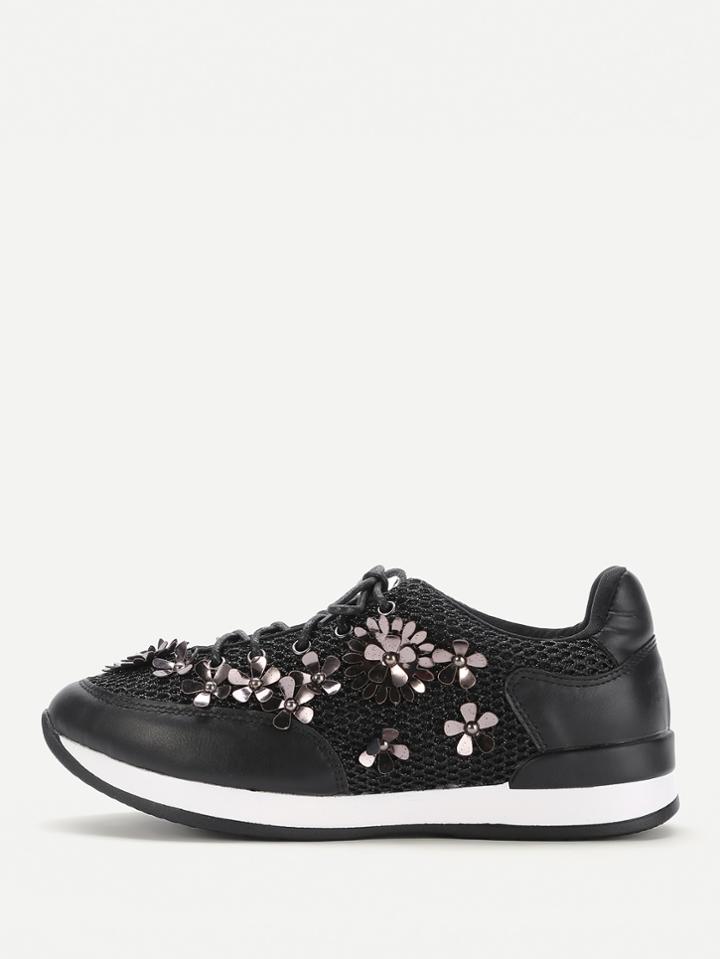 Romwe Flower Embellished Lace Up Trainers