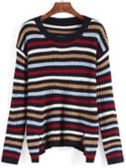 Romwe Striped Slit High Low Sweater