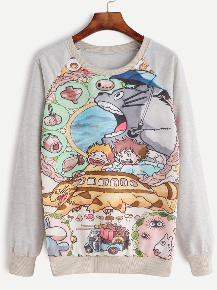 Romwe Pale Grey Cartoon Print Raglan Sleeve Sweatshirt