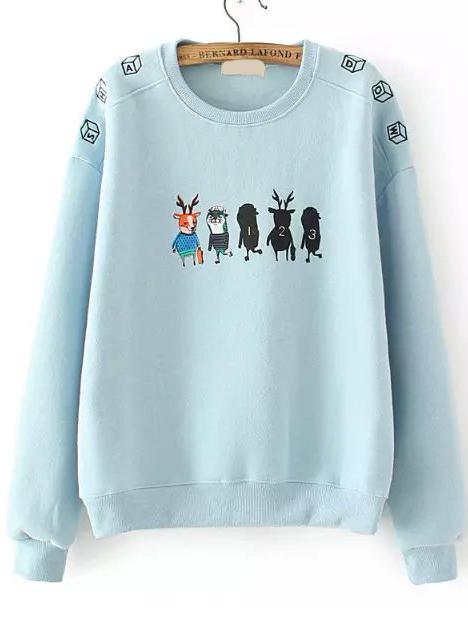 Romwe Cartoon Print Embroidered Blue Sweatshirt