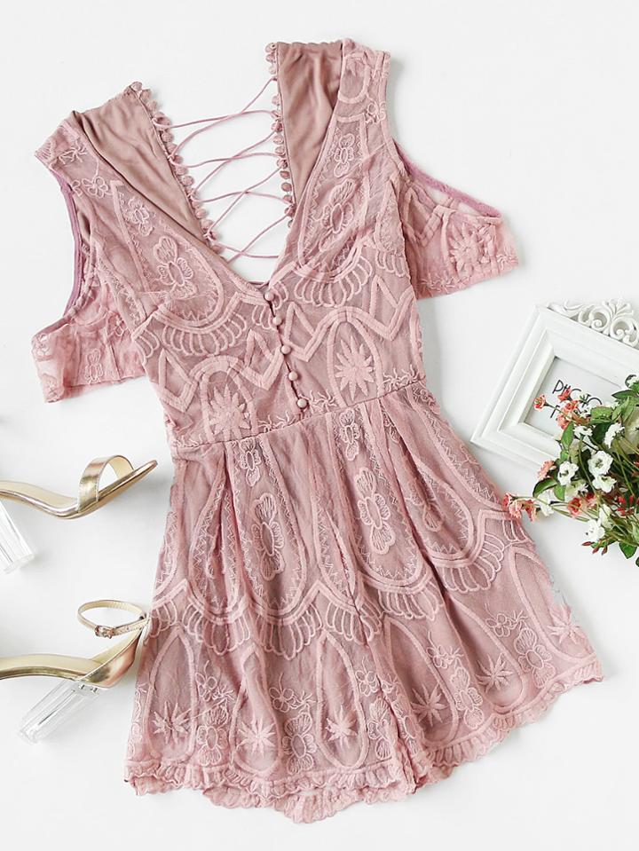 Romwe Crisscross Back Embroidered Mesh Overlay Plunging Playsuit