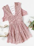Romwe Crisscross Back Embroidered Mesh Overlay Plunging Playsuit