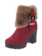 Romwe Faux Fur Detail Block Heeled Ankle Boots