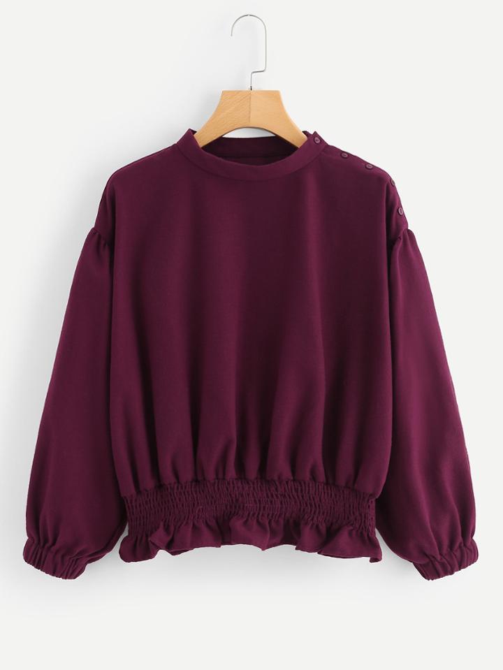 Romwe Button Detail Shirred Hem Blouse