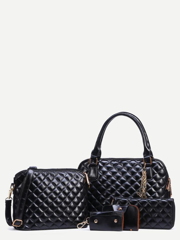 Romwe Black Faux Leather Quilted 5pcs Bag Set