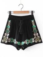 Romwe Black Pockets Elastic Tie-waist Tassel Embroidery Shorts