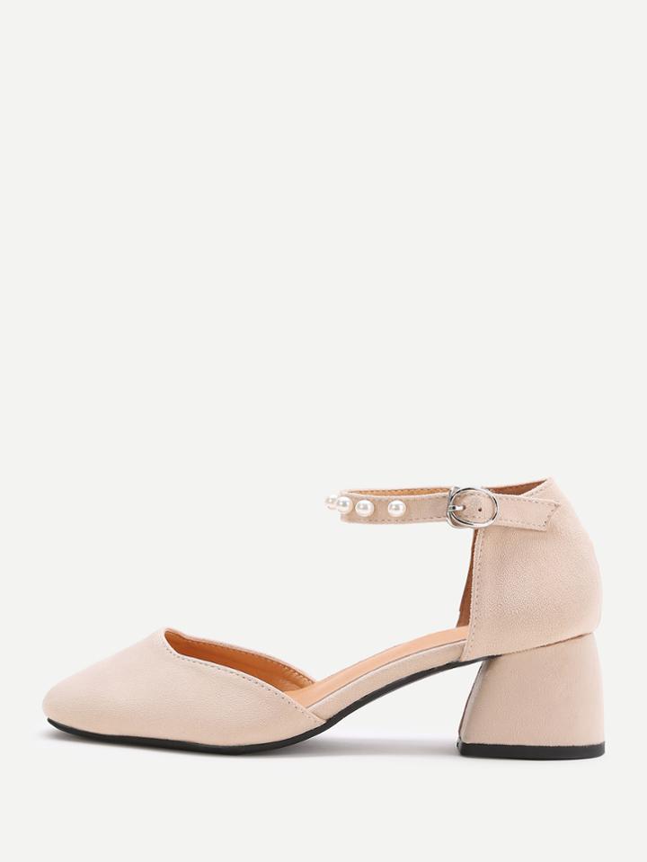 Romwe Apricot Faux Pearl Ankle Strap Chunky Heeled Shoes