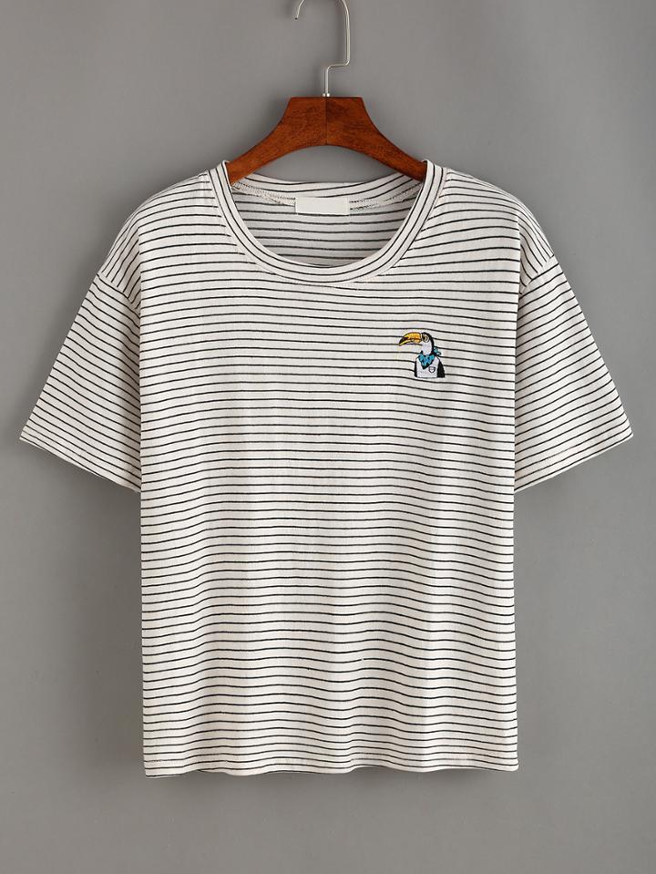 Romwe Embroidered Penguin Striped T-shirt