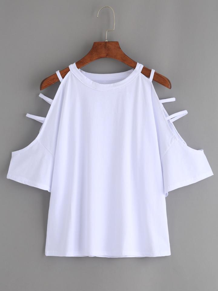 Romwe White Cutout Strappy Sleeve T-shirt