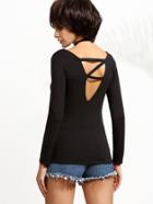 Romwe Black V Back Slim Fit T-shirt