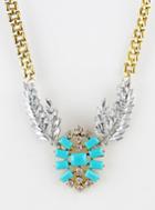 Romwe Blue Gemstone Gold Diamond Leaf Necklace