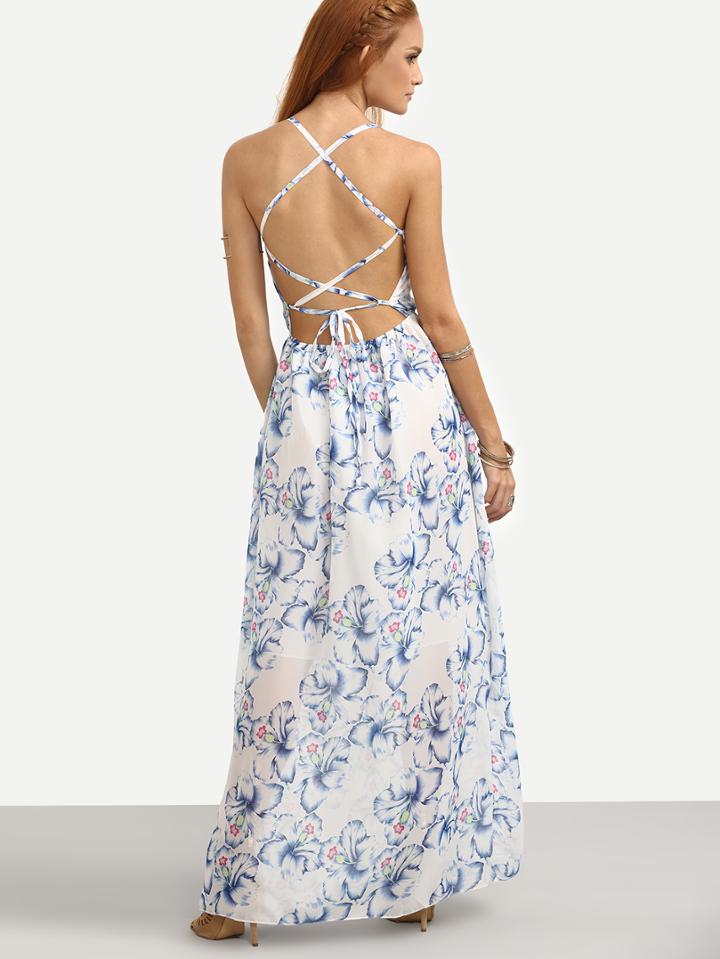 Romwe Halter Neck Florals Lace Up Back Chiffon Beach Dress