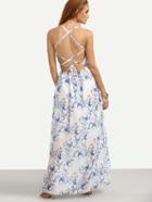Romwe Halter Neck Florals Lace Up Back Chiffon Beach Dress