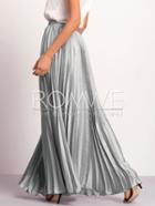 Romwe Silver Zipper Side Pleated Flare Maxi Skirt