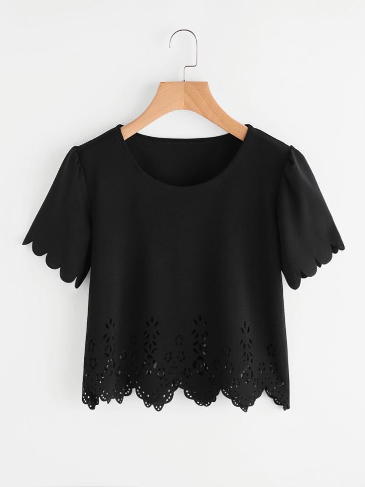 Romwe Laser Cut Scallop Trim Top