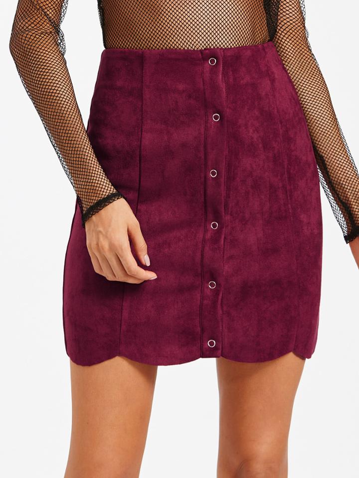 Romwe Suede Single Breasted Scallop Hem Skirt